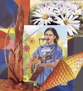 painting of a guitar player and singer with white daisies