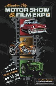 flyer with vehicle graphics for meadow city motor show and film expo