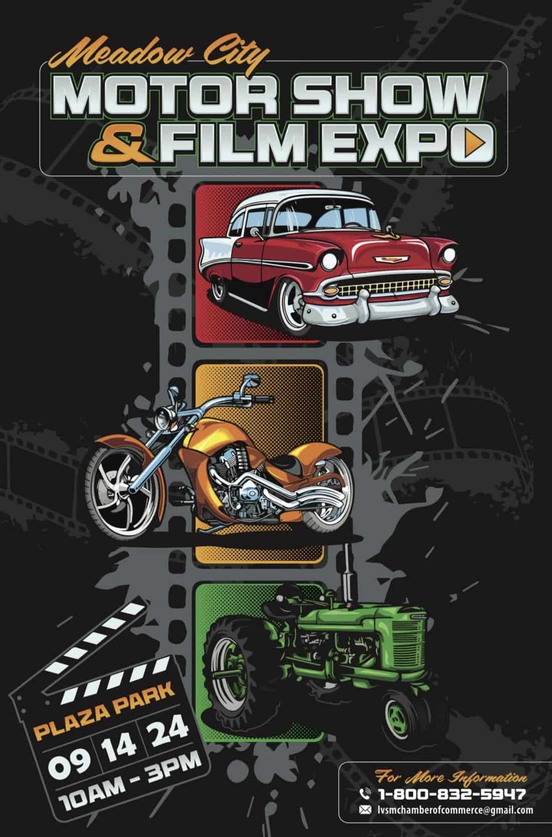 flyer with vehicle graphics for meadow city motor show and film expo